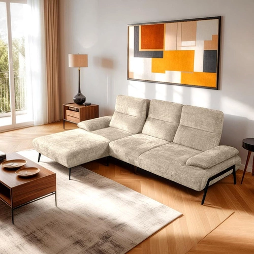 Moderní béžová rohová sedací souprava Rasmus levá s nastavitelným opěradlem do obýváku