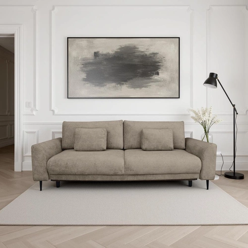 Rozkládací třímístná pohovka Ferrero s funkcí spaní béžová do obýváku skandinávský styl