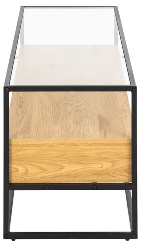 Moderní TV stolek Randolf se sklem a dubem 120 cm stojící do obýváku Actona