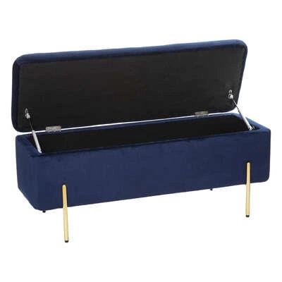 Čalouněná lavice s úložným prostorem Vel VIC modrá glamour do předsíně na zlatých nohách