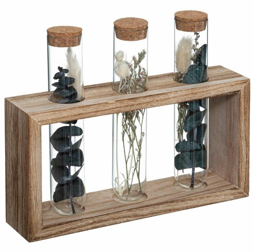 Atmosphera trojitá dekorativní skleněná váza se sušenými květinami na dřevě 17 cm