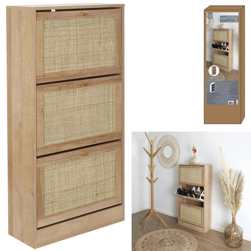 Vysoká přírodní botníková skříň Bali se třemi policemi a ratanovými boho dvířky