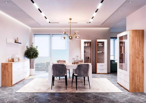 Bílá prosklená vitrína do obýváku Tissa moderní se zásuvkami 120 cm Intesi