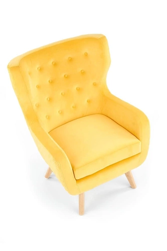 Žluté sametové křeslo ušák Farys do moderního obýváku s područky Intesi