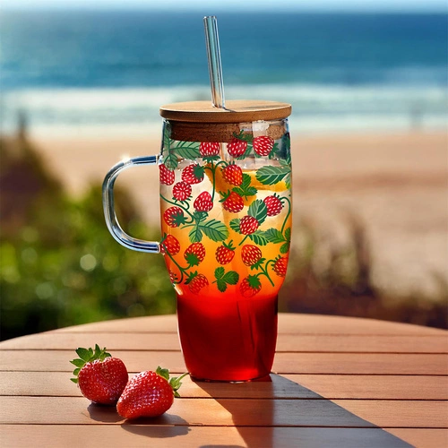 Skleněný hrnek Soleo 650 ml s víčkem a brčkem na letní nápoje rustikální červený Intesi