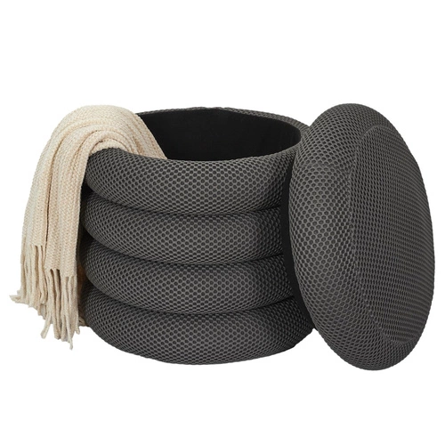 Šedý kulatý taburet se skrytým úložným prostorem moderní do obýváku a ložnice 42 cm