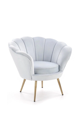 Křeslo mušle Amore světle modrý samet do obýváku moderní glamour na zlatých nohách Intesi