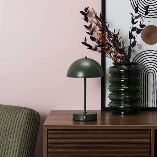 Bezdrátová LED noční lampička Funghi zelená kovová do ložnice s akumulátorem