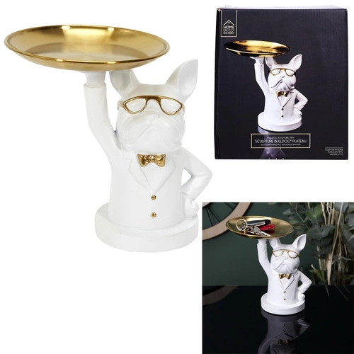 Dekorativní organizér buldok bílý se zlatým tácem Intesi do obýváku glamour