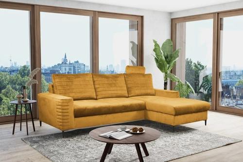 Rohová rozkládací pohovka do obýváku Hald pravá moderní sametová hořčicová Intesi