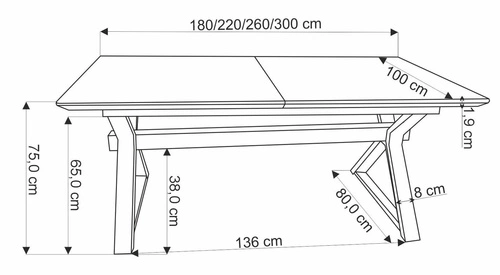 Rozkládací jídelní stůl Lorete 100x180-300 cm moderní dřevěná deska černé nohy Intesi