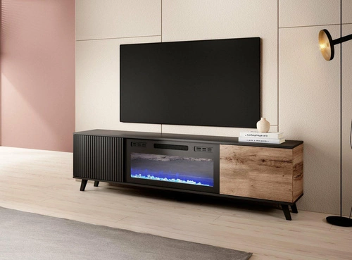 TV stolek 180 cm Adre dub wotan černý s krbem moderní do obýváku Intesi