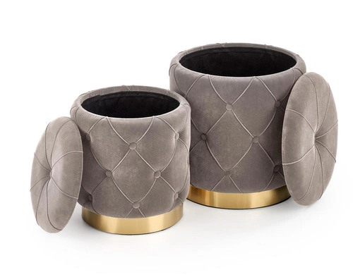 Sada 2 šedých kulatých taburetů Grena s úložným prostorem do obýváku moderní glamour