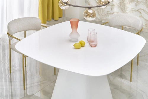 Bílý čtvercový jídelní stůl Tasmani Intesi moderní na jedné noze MDF lesk