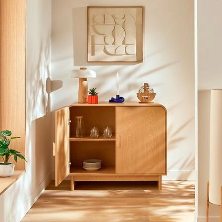 Moderní komoda Lee s policemi 100 cm skandinávská bříza do obýváku Atmosphera