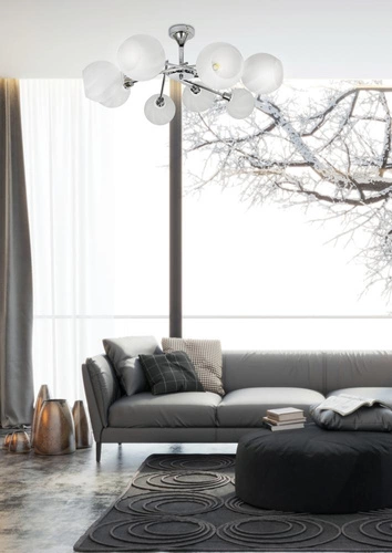 Moderní závěsné svítidlo Raul 8-ramenné skleněné chrom bílé do obýváku a ložnice