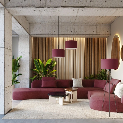 Stojací lampa do obýváku NEVIA burgund moderní s textilním stínidlem na kovové základně