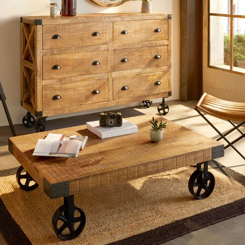 Konferenční stolek Silas mango obdélníkový loftový dřevěný na kolečkách do obýváku 117 cm Atmosphera