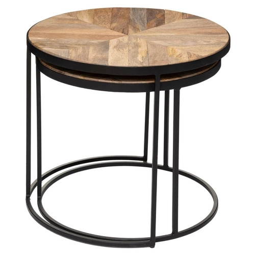 Sada 2 kulatých konferenčních stolků Basile do obýváku, loftový styl, mangové dřevo a černý kov