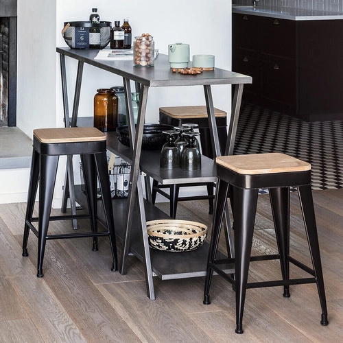 Barová židle Joris černá loftová kovová s dřevěným sedákem 60 cm do kuchyně Atmosphera