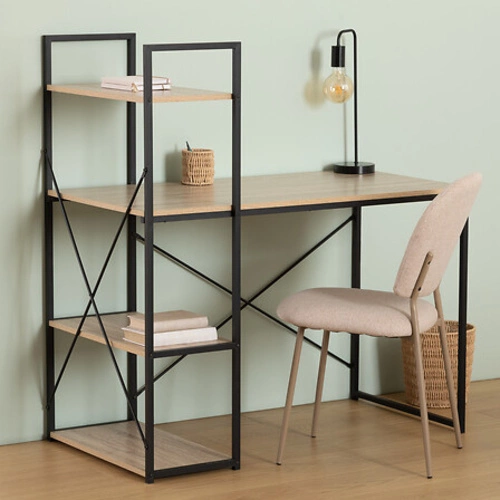 Pracovní stůl loftový Aliaj s policemi přírodní dub a černý kov do pracovny nebo studentského pokoje