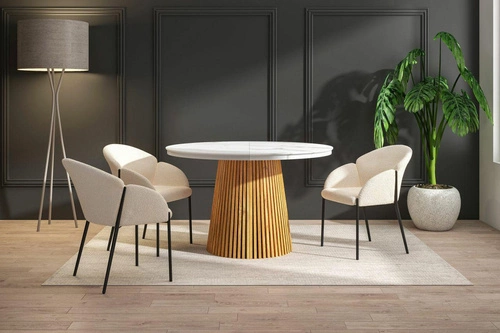 Rozkládací jídelní stůl Kyoto kulatý 120/200 cm bílý mramor dub moderní do jídelny a obýváku