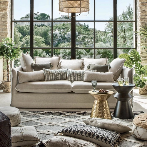 Třímístná pohovka Odilon béžová čalouněná do obýváku boho na dřevěných nohách Atmosphera