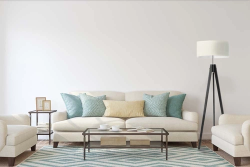 Stojací lampa do obýváku glamour HAITI zelená s textilním stínidlem na dřevěné konstrukci Lysne 138 cm