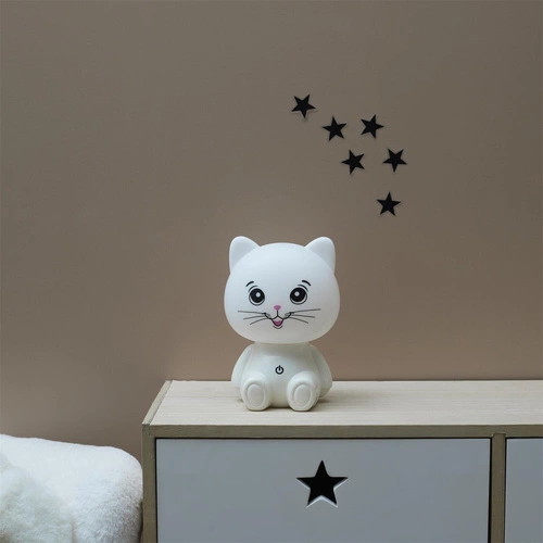 Dětská LED noční lampička kočka Intesi bílá s nastavitelným světlem a USB portem