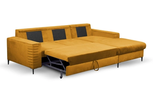 Rohová rozkládací pohovka do obýváku Hald pravá moderní sametová hořčicová Intesi