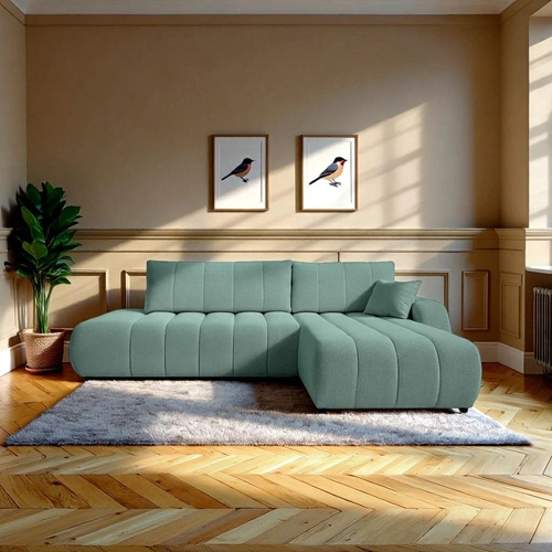 Rohová rozkládací sedačka Hobro pravá zelená moderní do obýváku s úložným prostorem