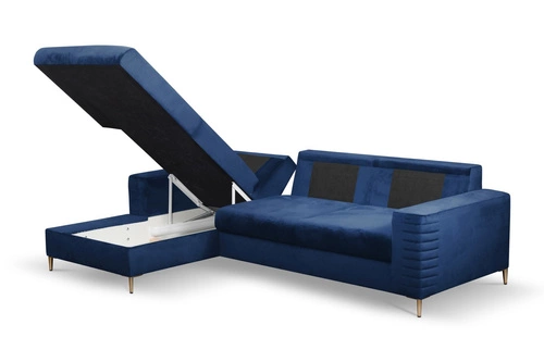 Moderní levý rohový gauč Hald, modrý samet, rozkládací, do obývacího pokoje