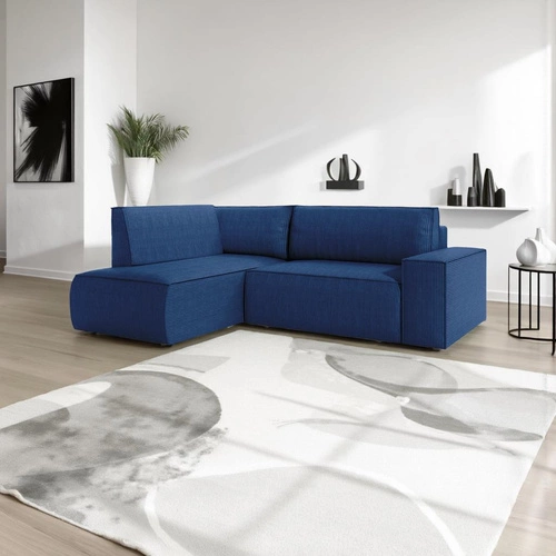 Rohová rozkládací pohovka Molde L levá, manšestrová, tmavě modrá s úložným prostorem do obýváku