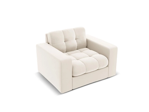 Moderní sametové relaxační křeslo Justin v béžové barvě s područkami do obývacího pokoje ve stylu glamour