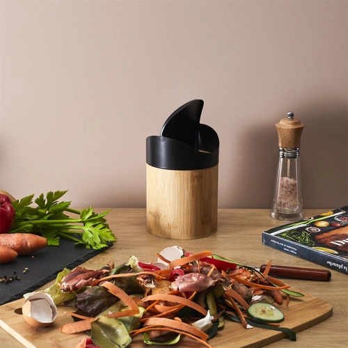 Intesi Mini bambusový otočný odpadkový koš do koupelny a kuchyně černý 1L