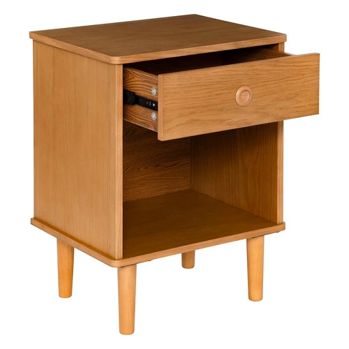 Noční stolek Charlie ve skandinávském stylu z kaučukového dřeva, přírodní dub, 44,5 cm, se zásuvkou a poličkou