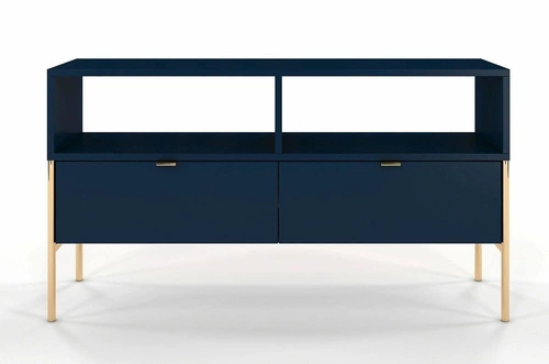 Modrá dřevěná TV komoda glamour Polka 120 cm na zlatých nohách do obýváku SKANDICA