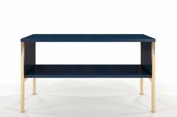 Dřevěný obdélníkový konferenční stolek modrý se zlatými nohami s policí do obývacího pokoje SKANDICA