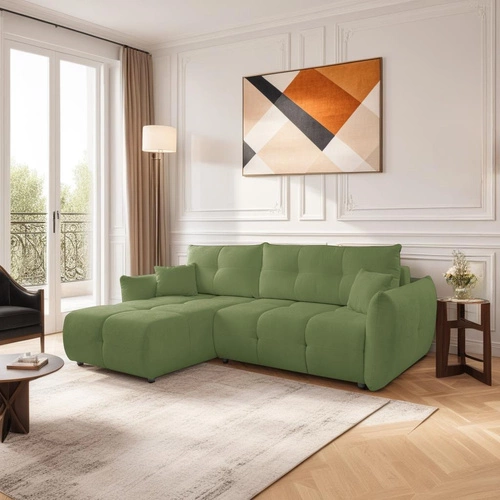 Moderní zelená rohová pohovka s rozkladem a úložným prostorem Bode levá do obýváku