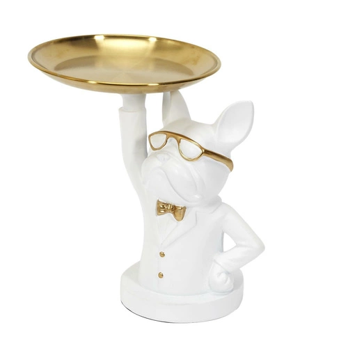 Dekorativní organizér buldok bílý se zlatým tácem Intesi do obýváku glamour