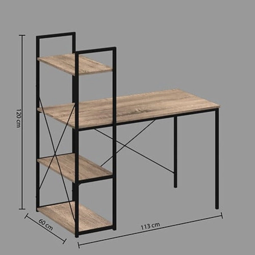 Psací stůl loftový Aliaj s policemi přírodní dub a černý kov pro práci nebo studentský pokoj