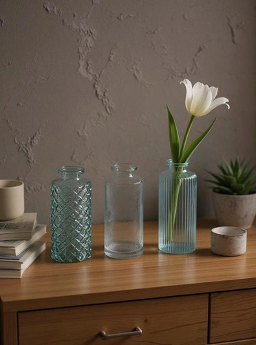 Sada tří skleněných váz Atmosphera modré moderní dekorativní na květiny