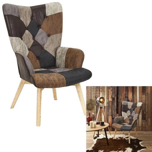 Křeslo ušák Helsinki do obýváku hnědý skandinávský patchwork s vysokými nohami Intesi