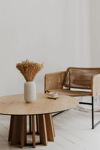 Kulatý dubový konferenční stolek TAVLE skandinávský do obýváku 100 cm NORDIFRA