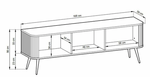 Moderní béžová TV komoda Seda s drážkovaným povrchem, volně stojící 168 cm na černých nohách do obýváku