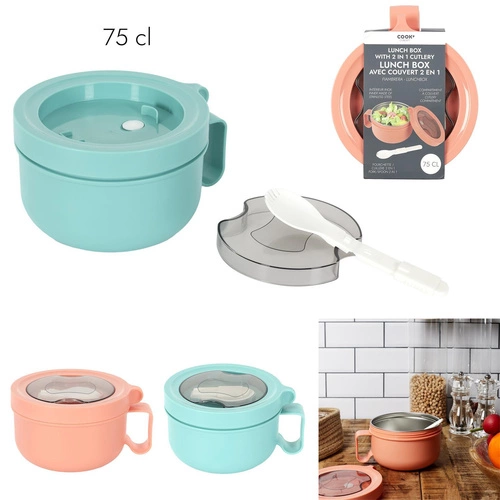 Kulatý modrý lunchbox Intesi s vidličkou, box na oběd do školy i práce, snadné čištění