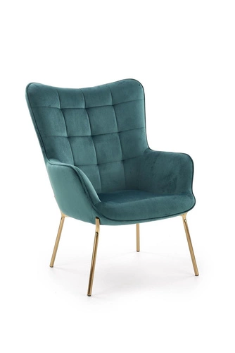 Moderní zelené křeslo ušák Cabres do obýváku s područkami na zlatých nohách