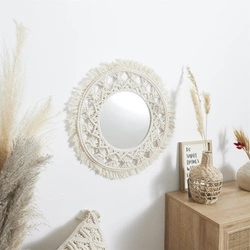Kulaté závěsné zrcadlo boho macramé 55 cm béžové do obýváku nebo ložnice