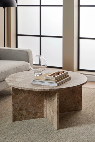 Moderní kulatý mramorový konferenční stolek Vega hnědý 90 cm do obýváku Actona