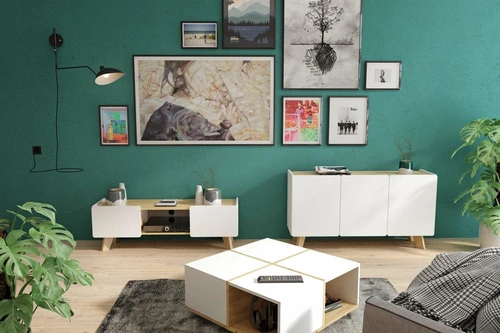 Bílá TV komoda s dubovými nohami Lett 135 cm skandinávská se zásuvkami do obýváku SKANDICA